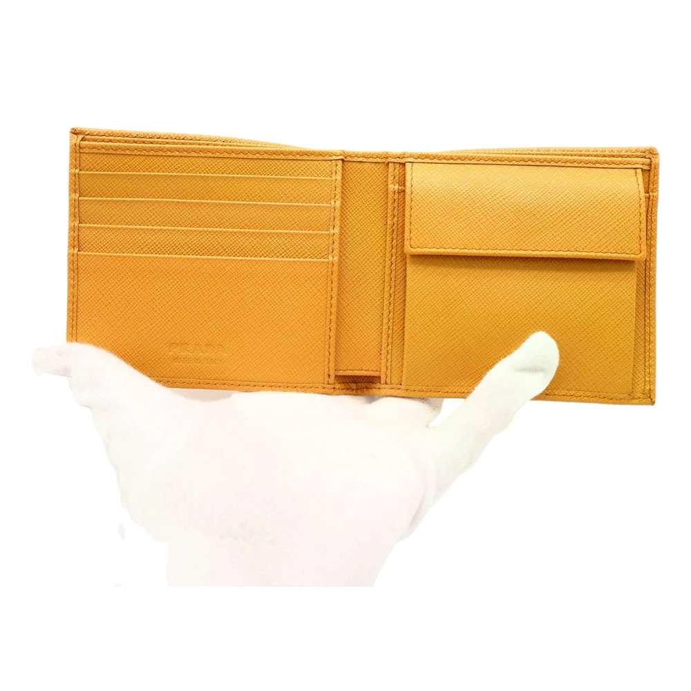 Prada Saffiano Leather Bifold Wallet with Coin Pocket Amber